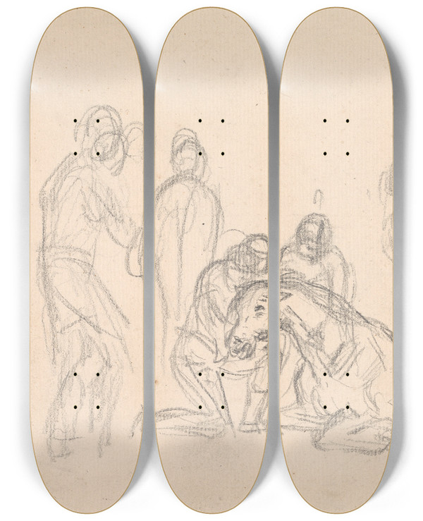 Triptych art skateboard deck of Sawrey Gilpin Two Figures Kneeling Beside A Horse by Sawrey Gilpin (1733-1807)