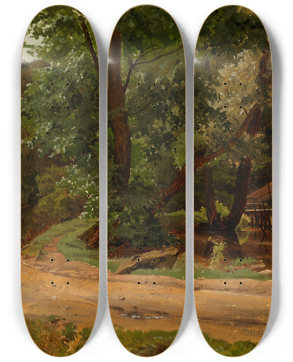 Triptych art skateboard deck of Werner Holmberg Road And Building In The Landscape by Werner Holmberg (1830-1860)