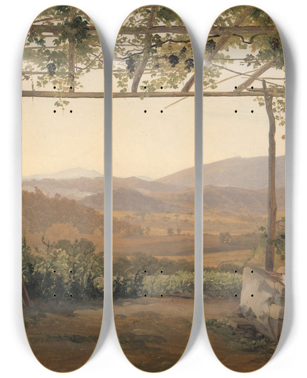 Triptych art skateboard deck of Fritz Petzholdt Fountain And Pergola In Italy by Fritz Petzholdt (1805-1838)