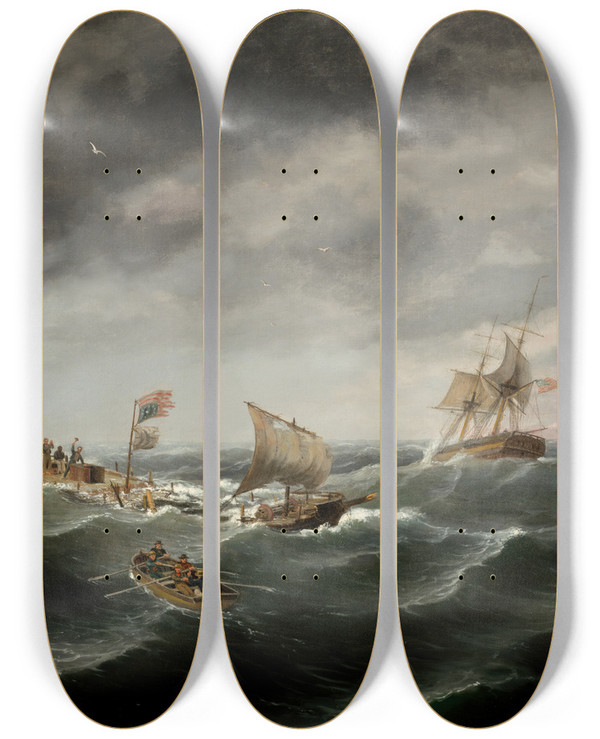 Triptych art skateboard deck of Thomas Birch Loss Of The Schooner John S Spence Of Norfolk Virginia 2D Viewrescue Of The Survivors by Thomas Birch (1779-1851)