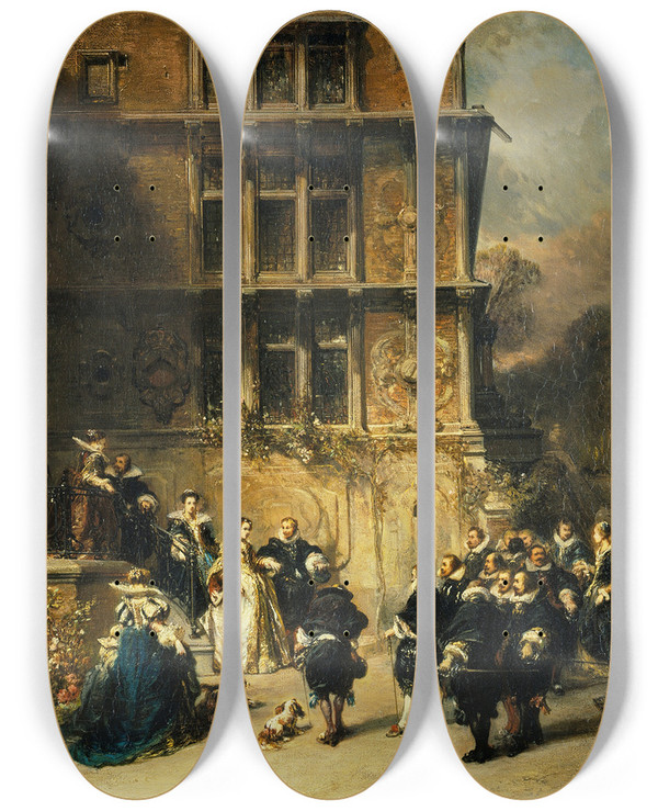 Triptych art skateboard deck of Eugne Isabey Court Reception At A Chteau by Eugene Isabey (1803-1886)
