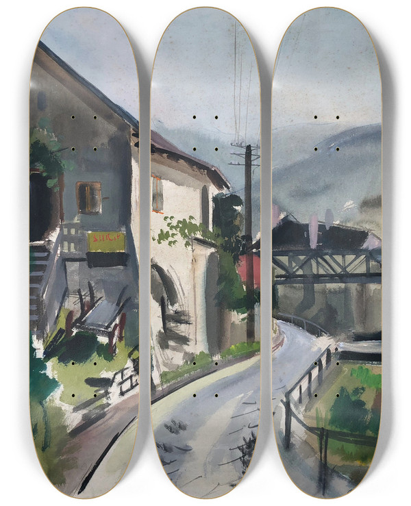 Triptych art skateboard deck of Otto Geigenberger Spitz In Der Wachau by Otto Geigenberger (1881-1946)