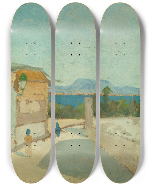 Triptych art skateboard deck of Ernst Schiess Meridional Landscape by Ernst Schiess (1872-1919)
