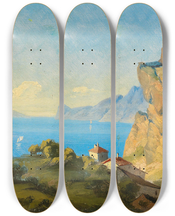 Triptych art skateboard deck of Edmund Von Wrndle View Of Nago On Lake Garda by Edmund Von Worndle (1827-1906)