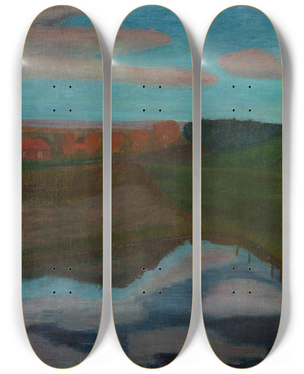 Triptych art skateboard deck of Paula Modersohnbecker Herbstlandschaft Am Weyerberg Mit Tmpel by Paula Modersohn-Becker (1876-1907)