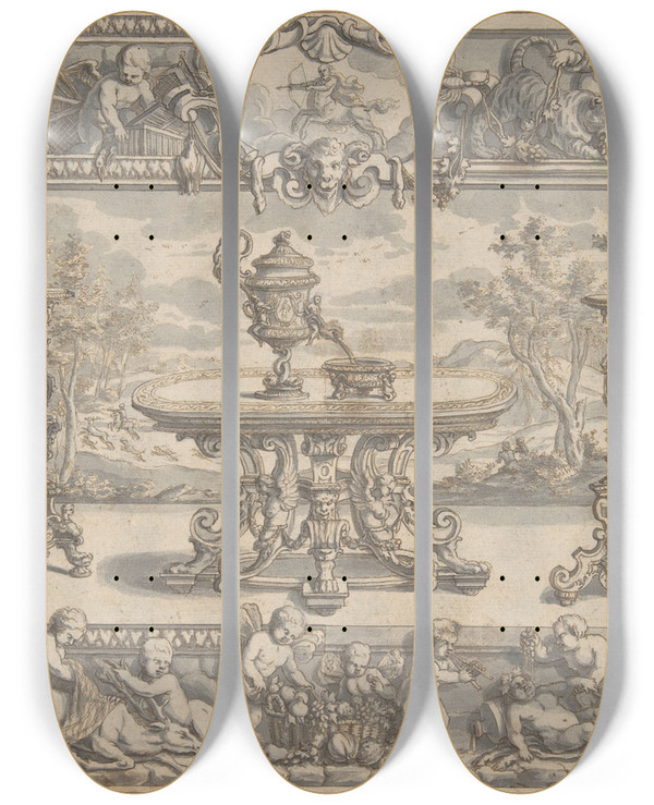 Triptych art skateboard deck of Abraham Drentwett The Elder Design For An Ewer Table And Candelabra Within An Ornamental Frame by Abraham Drentwett The Elder (1647-1727)