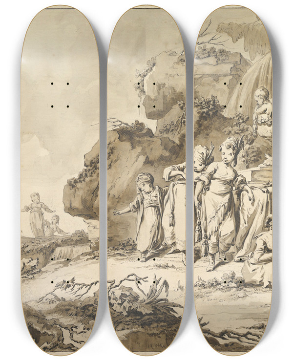 Triptych art skateboard deck of Tiberius Dominikus Wocher Landscape With Children In Oriental Costume by Tiberius Dominikus Wocher (1728-1799)