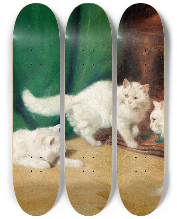 Triptych art skateboard deck of Arthur Heyer Conversation Amongst Cats by Arthur Heyer (1872-1931)