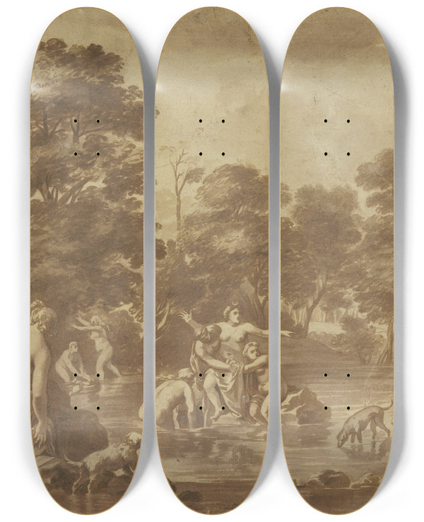 Triptych art skateboard deck of Cornelis Van Poelenburch Diana And Actaeon by Cornelis Van Poelenburch (1594-1667)