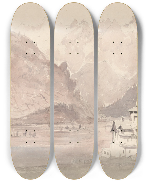 Triptych art skateboard deck of John Ruskin Swiss Mountainlandscape by John Ruskin (1819-1900)
