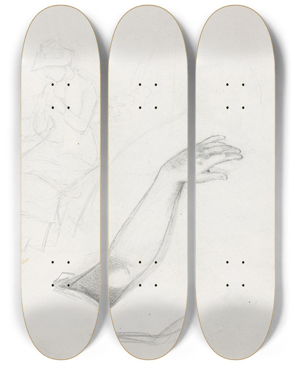 Triptych art skateboard deck of Hans Gude Woman On The Beach Study Of Arm by Hans Gude (1825-1903)