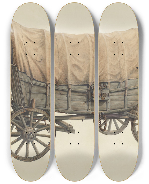 Triptych art skateboard deck of H Langden Brown Conestoga Wagon by H Langden Brown