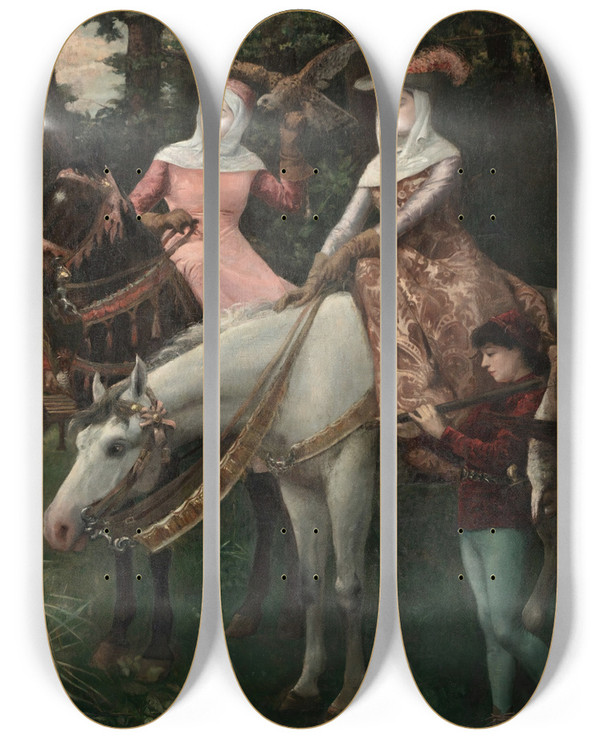 Triptych art skateboard deck of Henry Gnois The Heron Hunting by Henry Genois (1847)