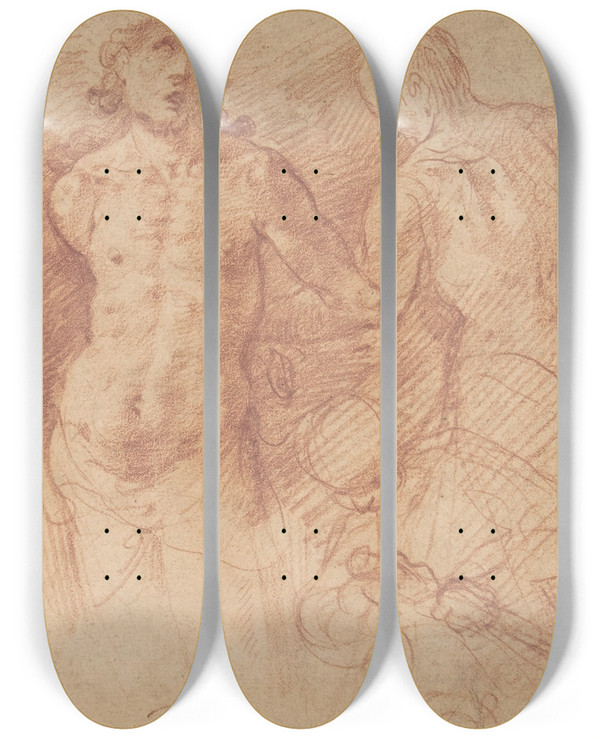 Triptych art skateboard deck of Bernardo Cavallino The Flagellation Of Christ by Bernardo Cavallino (1616-1656)