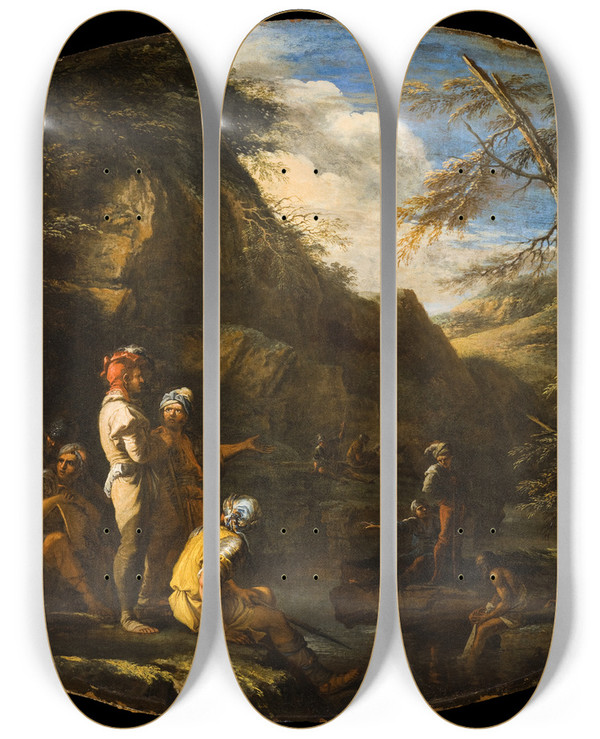 Triptych art skateboard deck of Salvator Rosa Landscape With Armed Men_1 by Salvator Rosa (1615-1673)