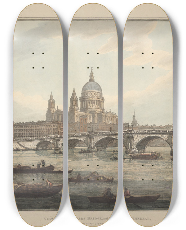 Triptych art skateboard deck of Joseph Farington A View Of Blackfriars Bridge And St Pauls Cathedral by Joseph Farington (1747-1821)