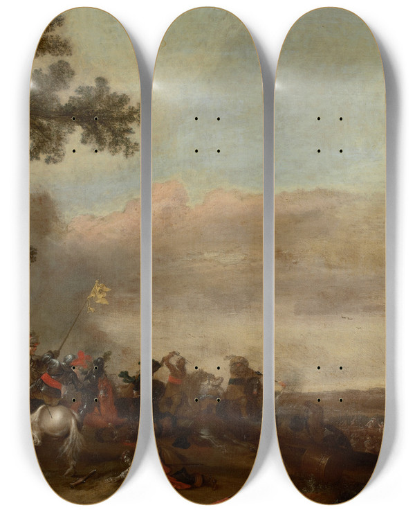 Triptych art skateboard deck of Jan Asselijn Battle Scene by Jan Asselijn (1610-1652)