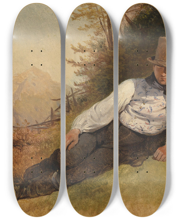 Triptych art skateboard deck of Friedrich August Matthias Gauermann Bauernbursche by Friedrich August Matthias Gauermann (1807-1862)
