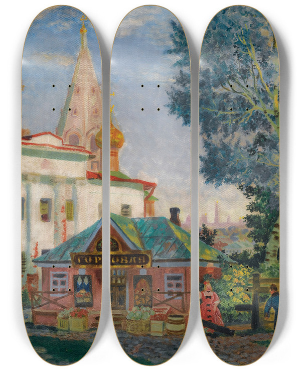 Triptych art skateboard deck of Boris Kustodiev In The Provinces by Boris Kustodiev (1878-1927)