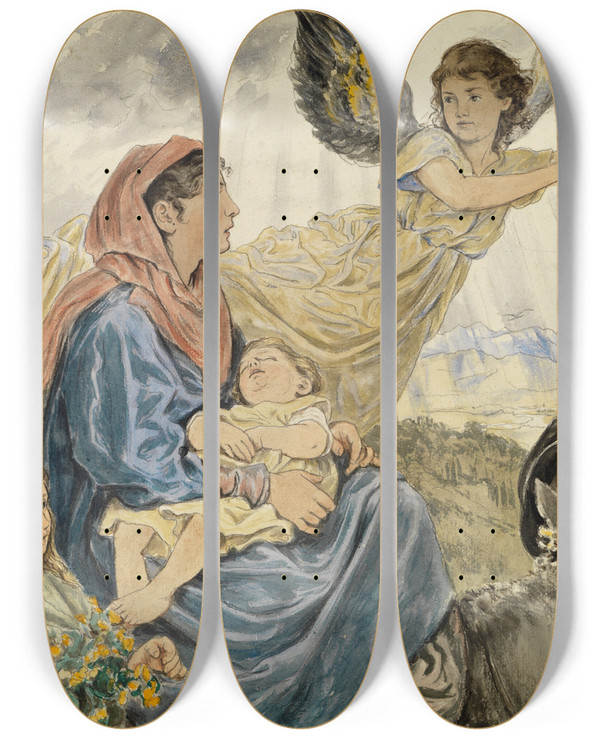 Triptych art skateboard deck of Hans Thoma Flucht Nach Gypten by Hans Thoma (1839-1924)