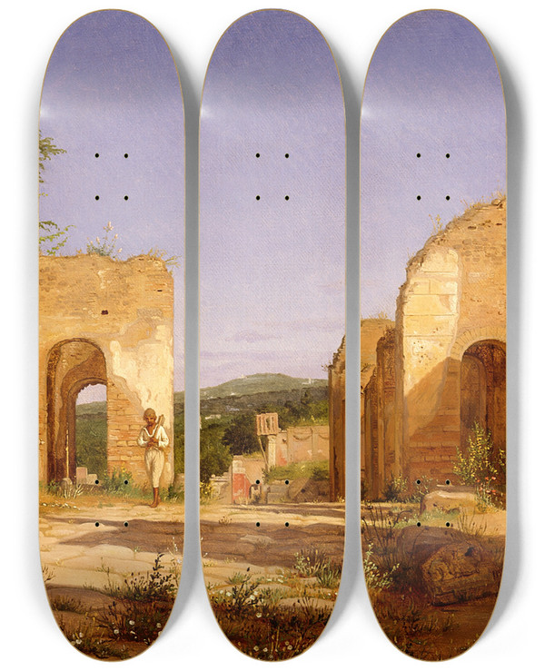 Triptych art skateboard deck of Christen Kbke Gateway In The Via Sepulcralis In Pompeii by Christen Kobke (1810-1848)