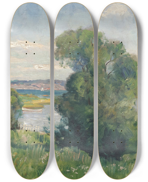 Triptych art skateboard deck of Thorolf Holmboe A Summers Day In Norway by Thorolf Holmboe (1866-1935)
