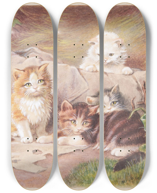 Triptych art skateboard deck of Julius Adam The Elder Spielende Katzen by Julius Adam the elder (1826-1874)