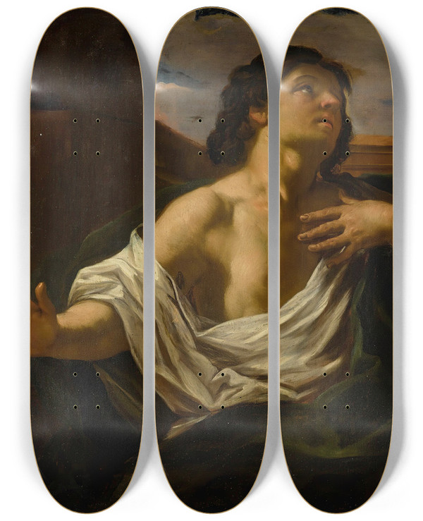 Triptych art skateboard deck of Michelangelo Ricciolini Daniel In The Lions Den by Michelangelo Ricciolini (1654-1715)