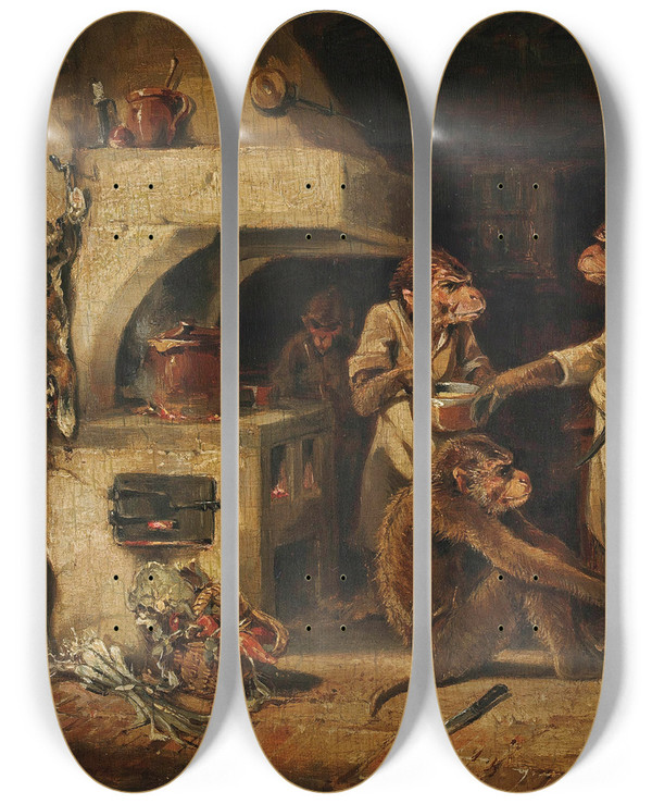 Triptych art skateboard deck of Edmund Bristow The Monkeys Kitchen by Edmund Bristow (1787-1876)