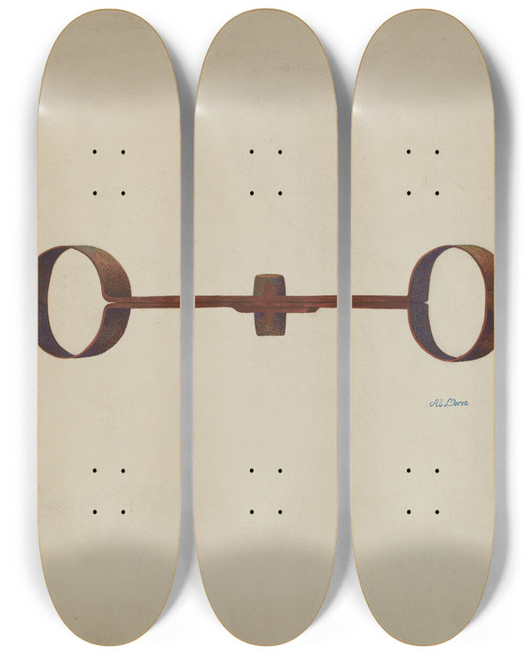 Triptych art skateboard deck of Al Curry Handcuffs by Al Curry (20-)