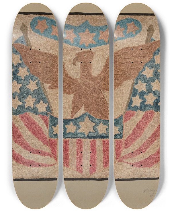 Triptych art skateboard deck of Georgine E Mason Hooked Rug by Georgine E Mason