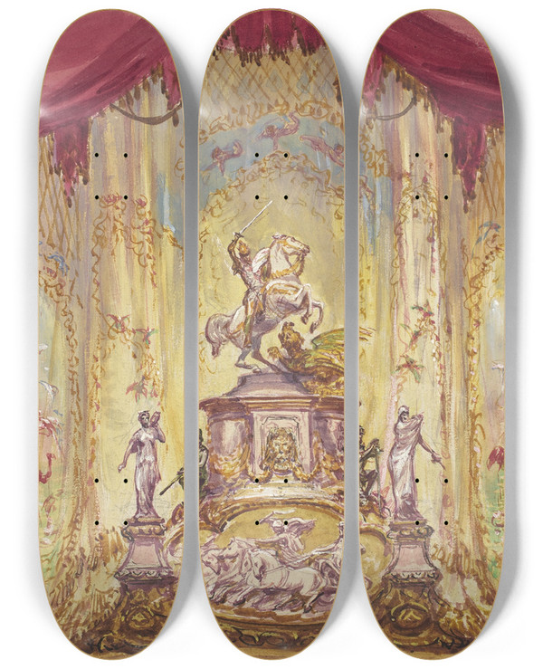 Triptych art skateboard deck of Robert Caney Stage Set With A Statue Of Saint George Slaying The Dragon by Robert Caney (1847-1911)
