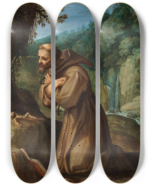 Triptych art skateboard deck of Paul Bril Saint Francis Of Assisi In Meditation by Paul Bril (1554-1626)