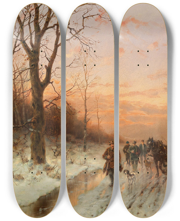 Triptych art skateboard deck of Dsir Thomassin Returning Home From The Hunt At Sunset by Desire Thomassin (1858-1933)