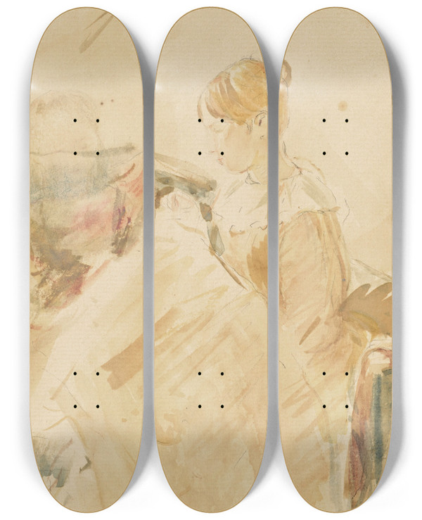 Triptych art skateboard deck of Berthe Morisot La Broderie by Berthe Morisot (1841-1895)