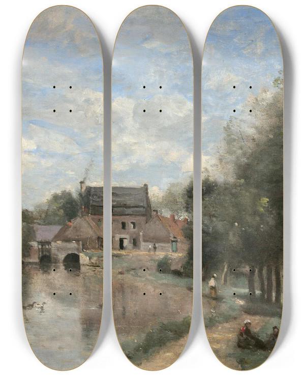 Triptych art skateboard deck of Jeanbaptistecamille Corot Arleuxdunord Le Moulin Drocourt Sur La Sense by Jean-Baptiste-Camille Corot (1796-1875)
