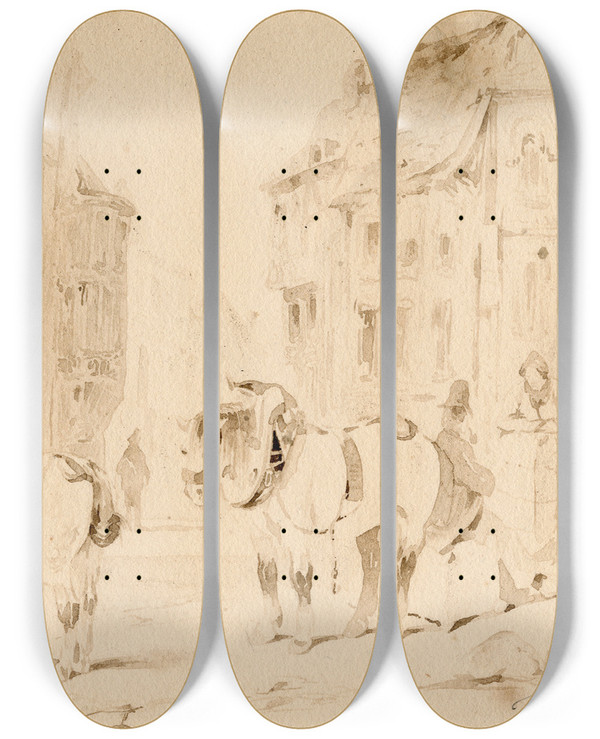Triptych art skateboard deck of Pieter Van Loon Vrachtpaarden Op Een Duits Marktplein by Pieter Van Loon (1801-1873)