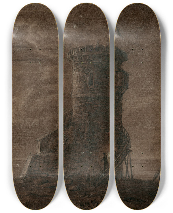 Triptych art skateboard deck of Otto Howen Wachttoren Aan De Kust Bij Sagonte S Nachts by Otto Howen (1774-1848)