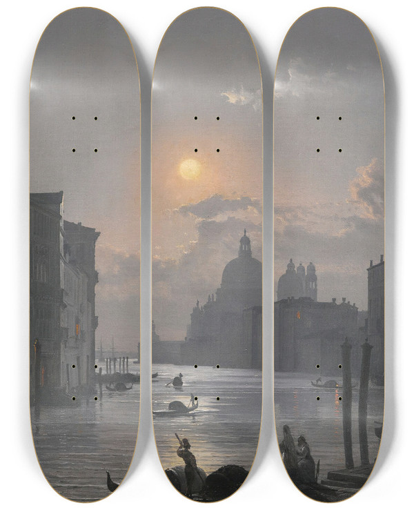Triptych art skateboard deck of Friedrich Von Nerly Venice Aview Of The Grand Canal With The Palazzo Cavallifranchetti And Santa Maria Della Salute by Friedrich Von Nerly (1807-1878)