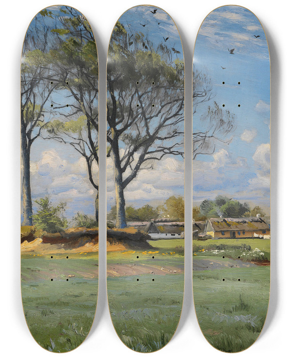 Triptych art skateboard deck of Peder Mrk Mnsted Spring Landscape by Peder Mork Monsted (1859-1941)
