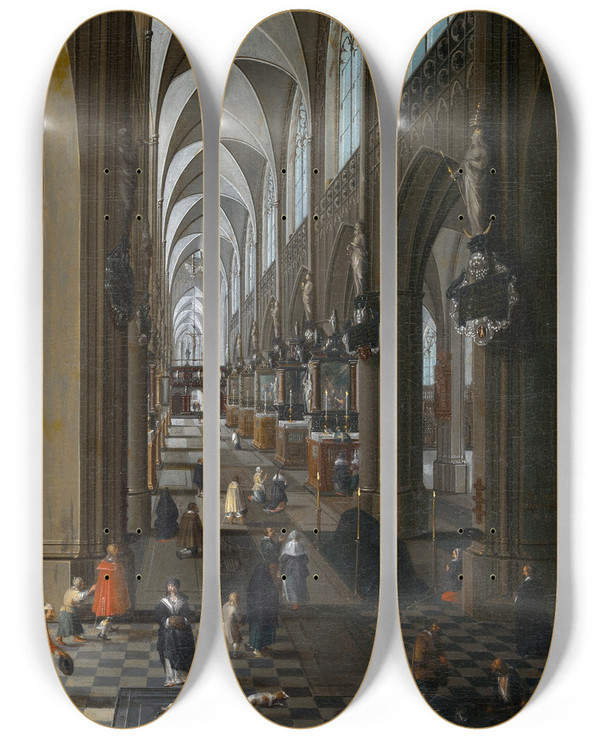 Triptych art skateboard deck of Pieter Neeffs The Elder Interior Of Antwerp Cathedral_2 by Pieter Neeffs The Elder (1620-1675)