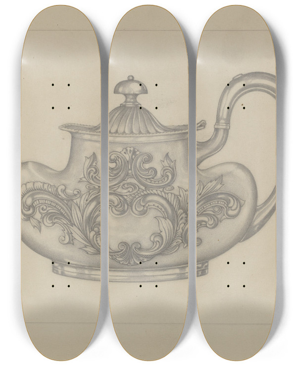 Triptych art skateboard deck of Arthur Wegg Silver Teapot by Arthur Wegg