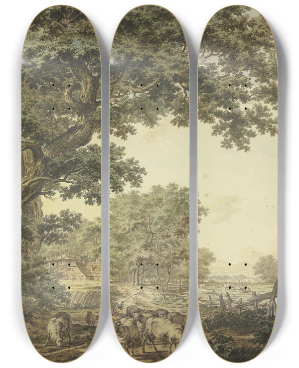 Triptych art skateboard deck of Jacob Cats Wiesengrund Zwischen Dem Wald Mit Vielem Vieh Vorne Ein Schfer Mit Seiner Herde Auf Einer Brcke Rechts Ein Angler by Jacob Cats (1741-1799)