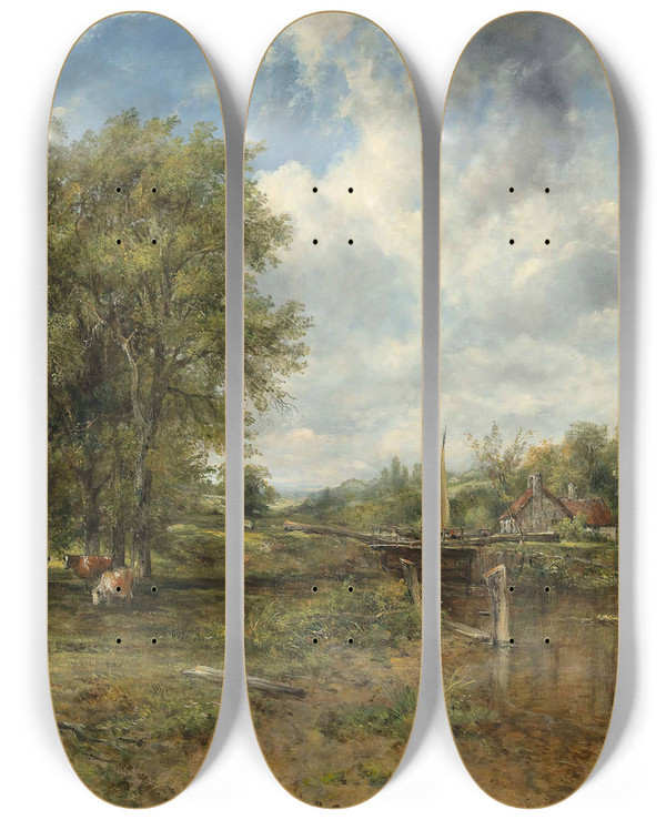 Triptych art skateboard deck of Frederick Waters Watts A Wooded Landscape With A Cattle And Cottage Beyond by Frederick Waters Watts (1800-1870)