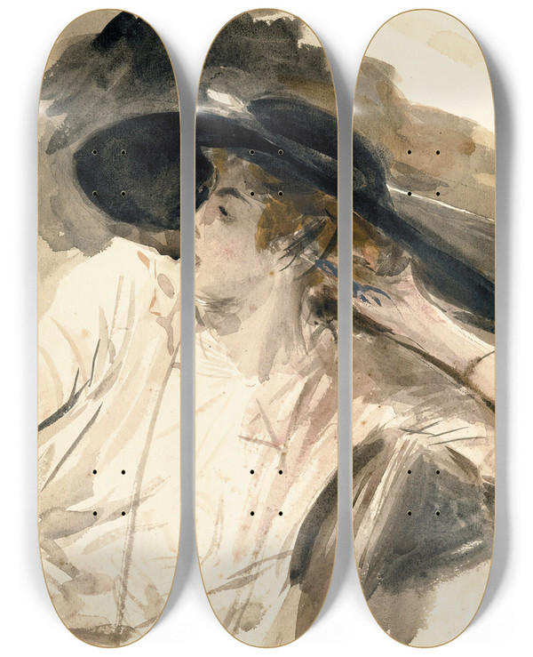 Triptych art skateboard deck of Giovanni Boldini Young Womanwearing A Large Hat by Giovanni Boldini (1842-1931)