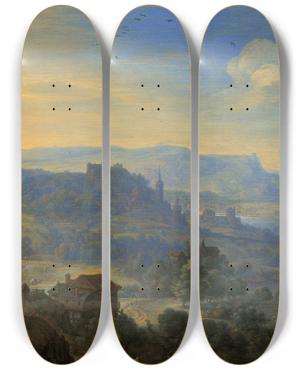 Triptych art skateboard deck of Herman Saftleven Imaginary River Landscape by Herman Saftleven (1609-1685)