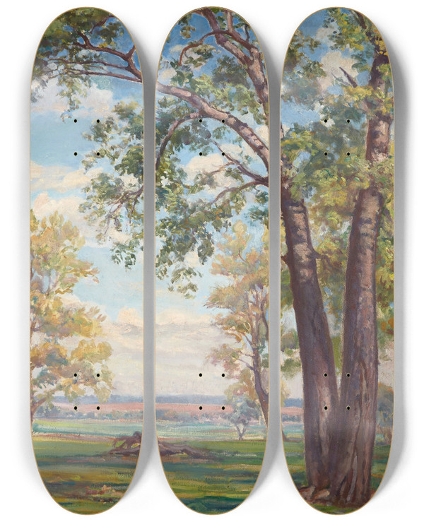 Triptych art skateboard deck of Ignacy Piekowski Forest Landscape by Ignacy Pienkowski (1877-1948)