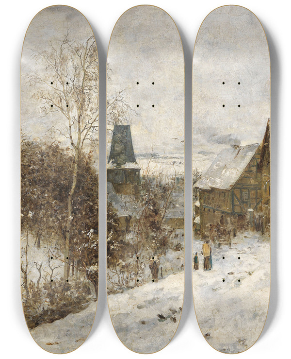 Triptych art skateboard deck of Paul Baum Oberweimar Im Winter by Paul Baum (1859-1932)