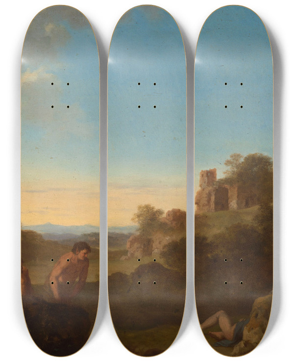 Triptych art skateboard deck of Cornelis Van Poelenburch Satyrs And Sleeping Nymphs Against Italian Landscape_1 by Cornelis Van Poelenburch (1594-1667)