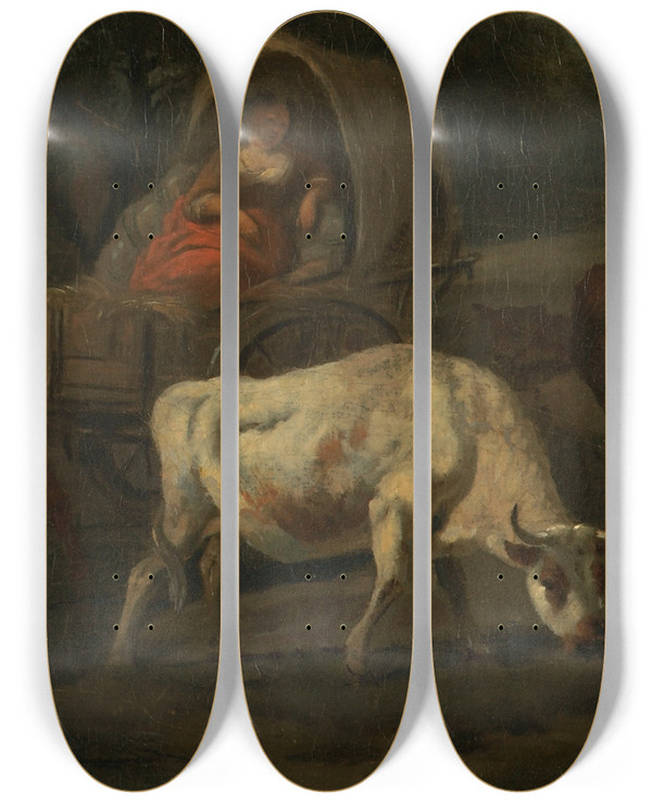 Triptych art skateboard deck of Francesco Zuccarelli The Bullock Cart by Francesco Zuccarelli (1702-1788)